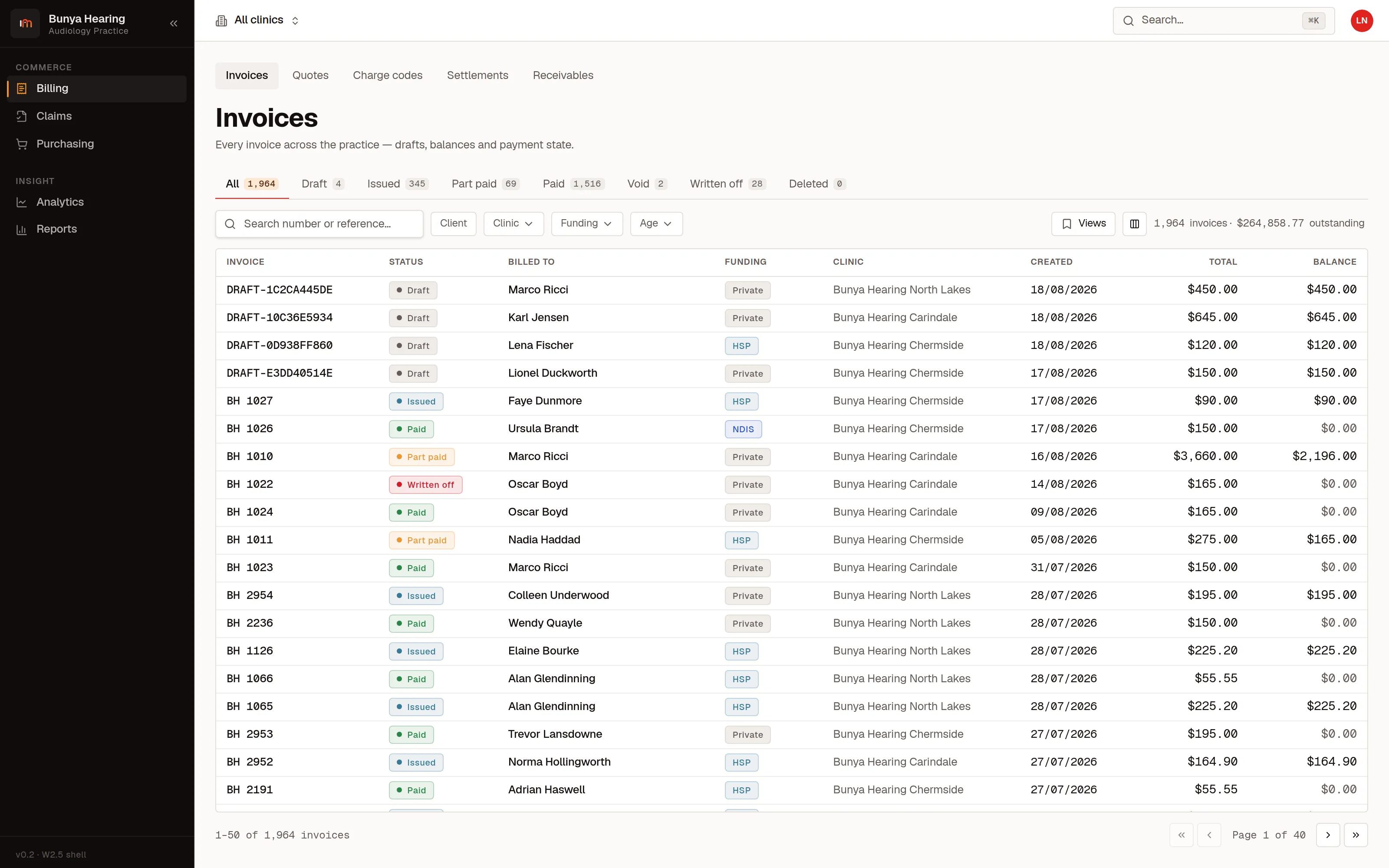The billing surface showing invoices with their totals, what has been paid against each, and the balance outstanding, filtered by state.