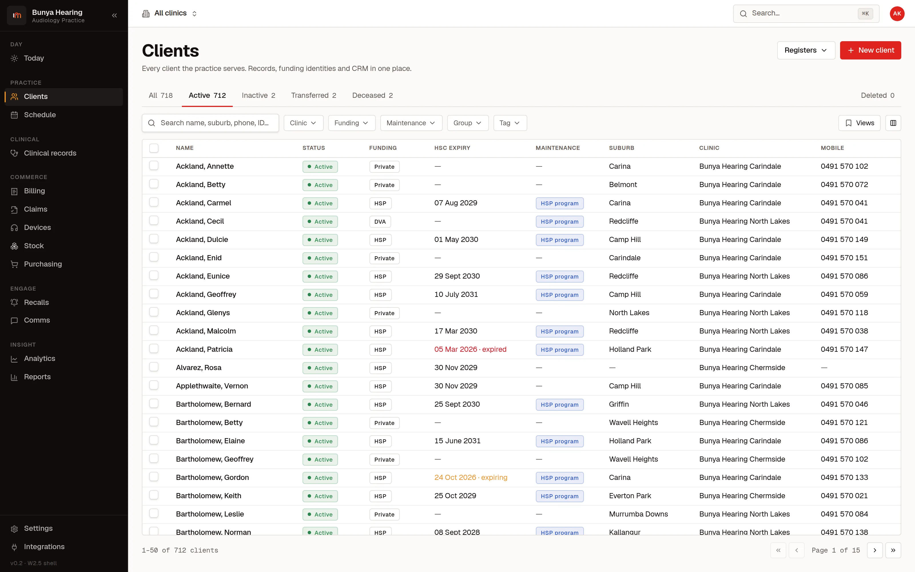 The client list as a dense sortable table with column control, filters and saved views.