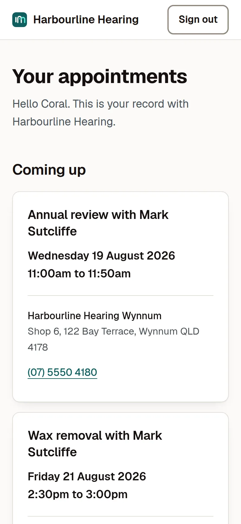 The patient portal on a phone: the practice name at the top, a greeting by first name, and the client's upcoming appointments as cards showing the appointment type, the practitioner, the date and time, and the clinic's address and phone number. No clinical or financial detail appears.