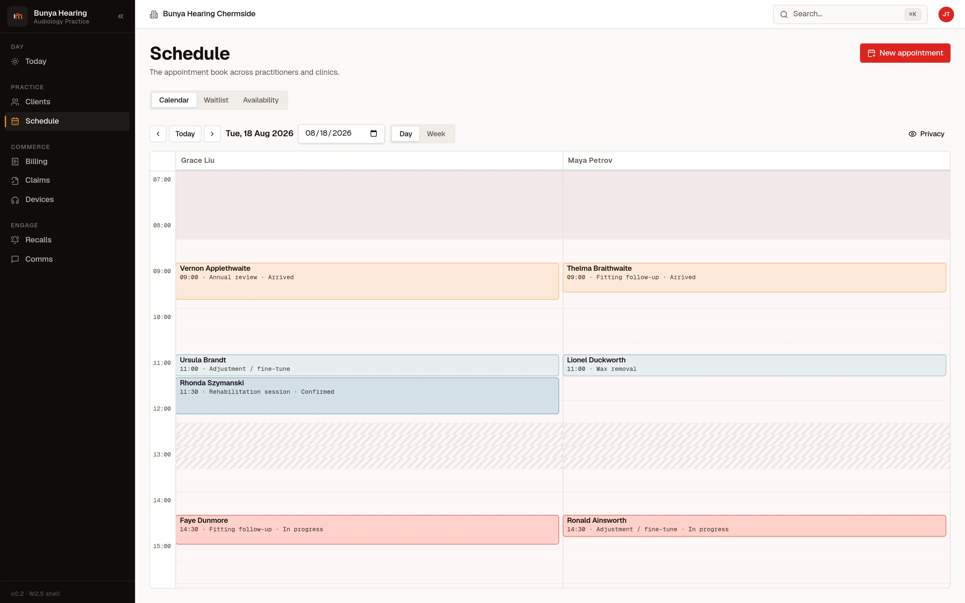 The appointment book, showing a column per practitioner for a chosen day and clinic, with each practitioner's attendance over the last thirty days summarised above: appointments, did-not-attend rate and cancellation rate.